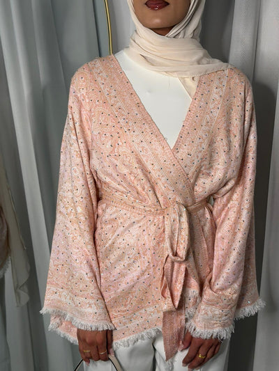 Pashmina Kimono-02 Baby Pink/White Jacket