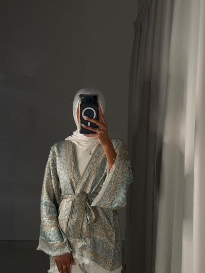Pashmina Kimono-07 Teal/Beige Jacket