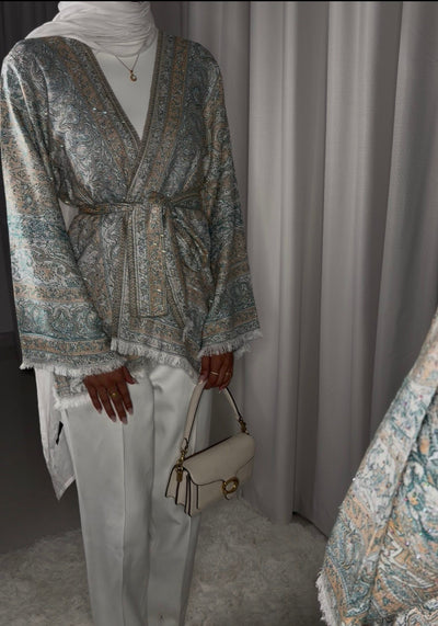 Pashmina Kimono-07 Teal/Beige Jacket
